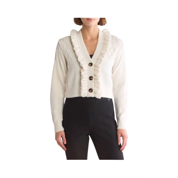Elie Tahari Cream Ruffle Knit Cardigan Sweater Size M Medium Button Front - Picture 1 of 8